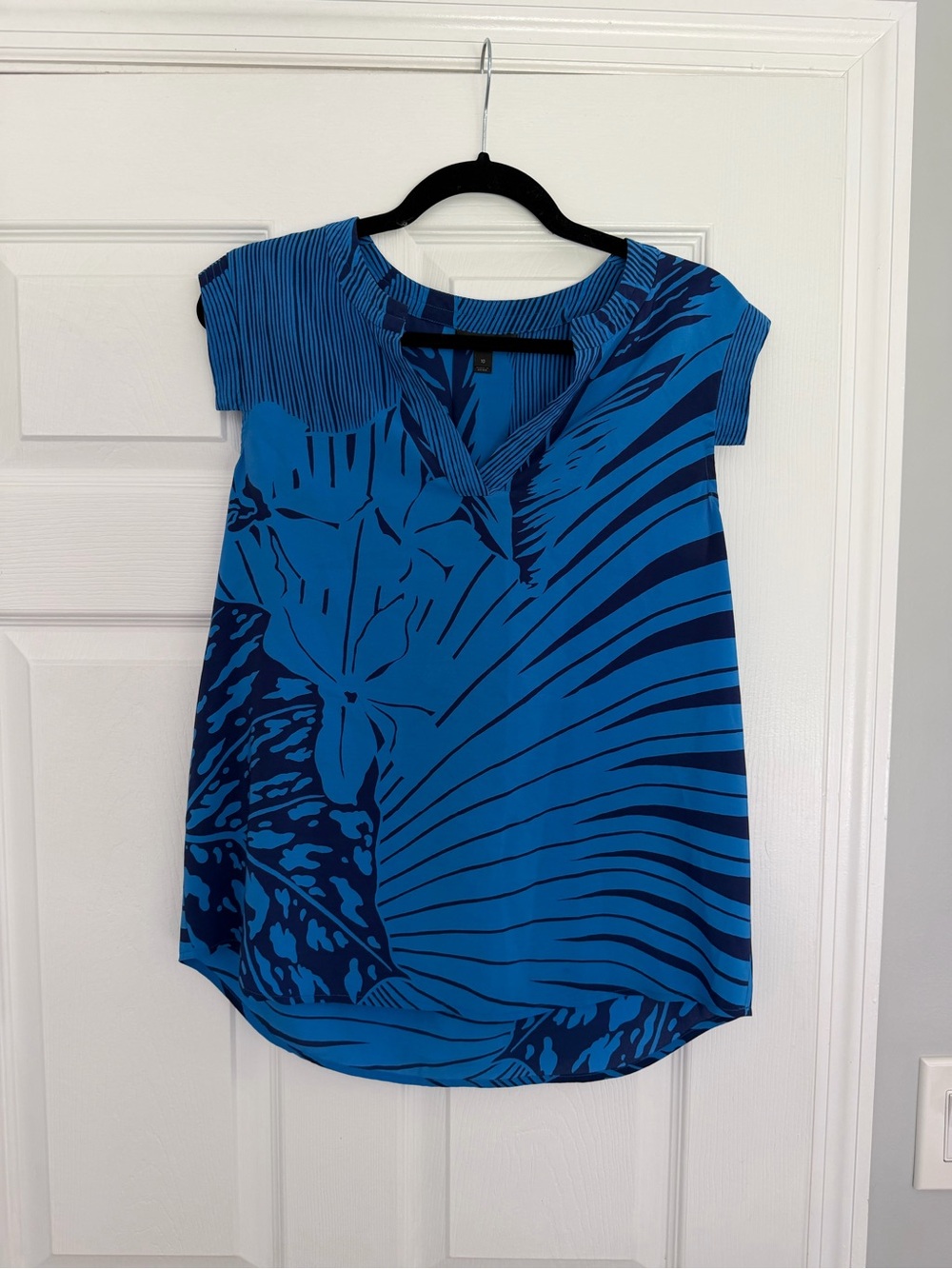 J. Crew Blue Tropical Print Cap-Sleeve Blouse